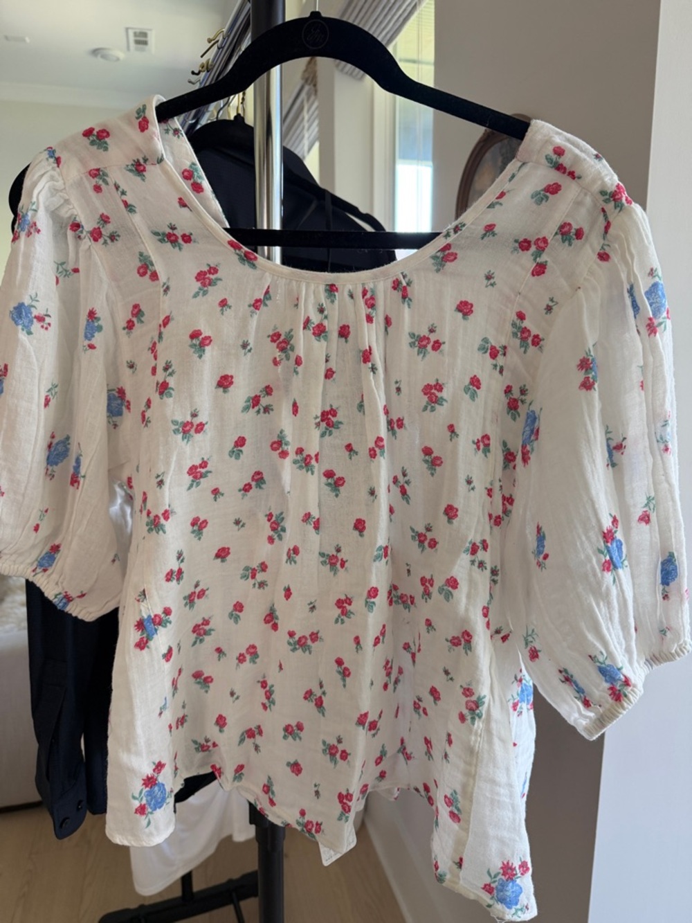 Free People White Floral Peasant Top with Pink & Blue Roses